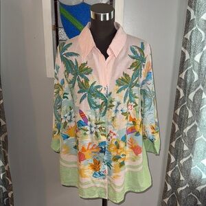 Cynthia Rowley Tropical Print 3/4 Sleeve Button Down Top SZ 1X
